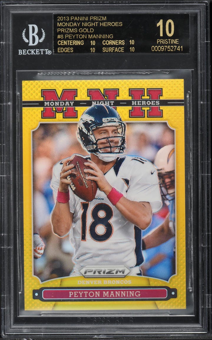 2013 Panini Prizm Gold Monday Night Peyton Manning 1/10 #8 BGS 10 BLACK LABEL