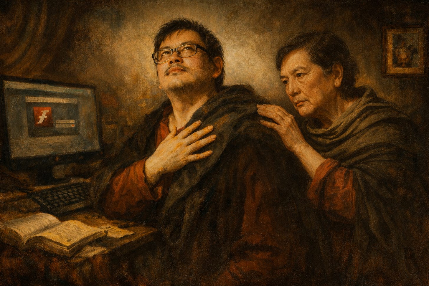 Oil painting of an Asian man with glasses looking skyward at a computer while an older Asian woman places her hand on his shoulder — a Flash Player installer    visible on the screen behind them. 
