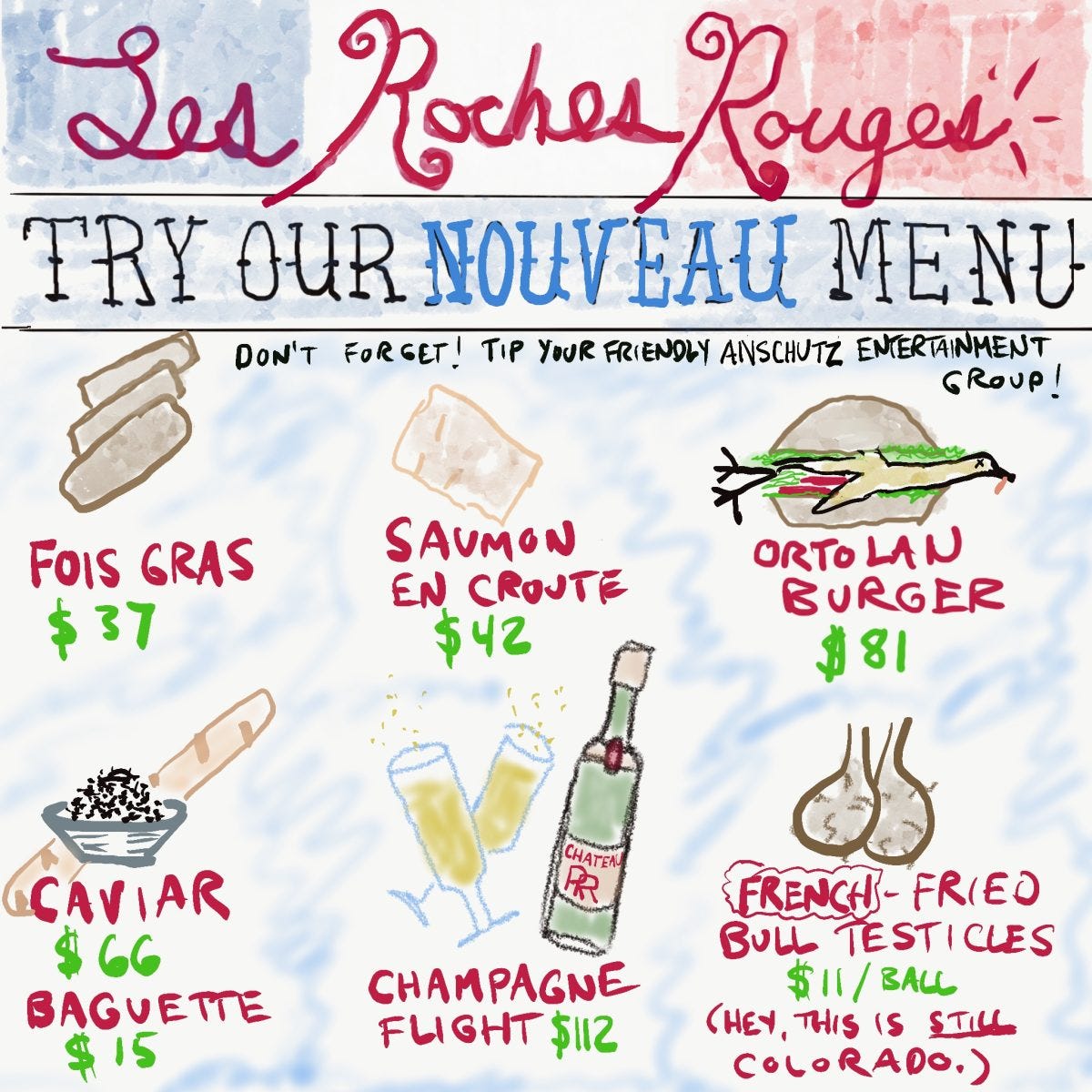 A cartoon drawing of a fake menu of "French" food