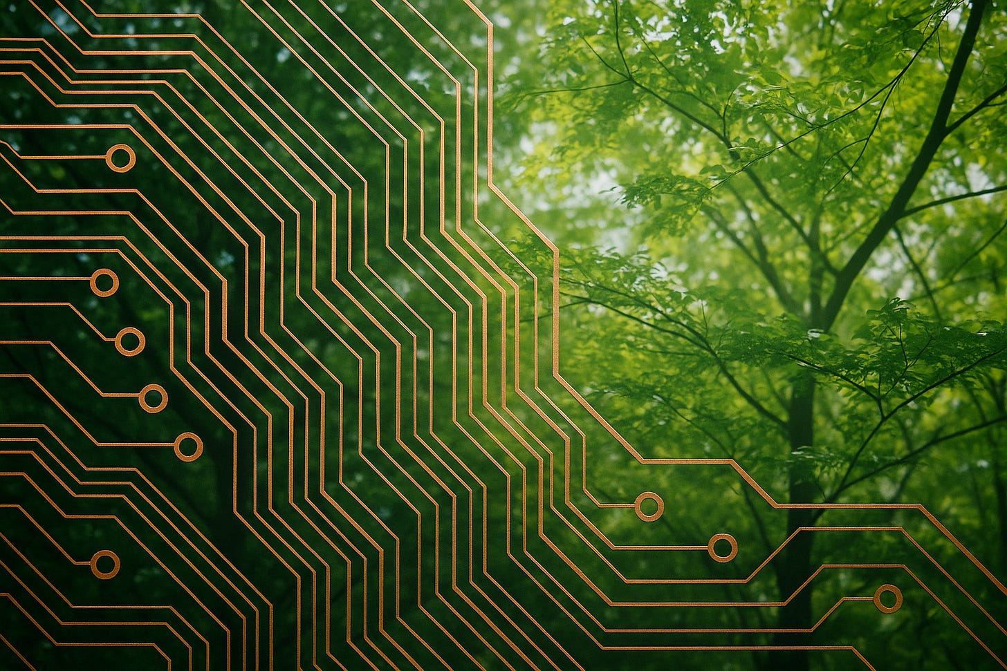 A double-exposure image showing circuit lines interwoven with tree branches, symbolizing technology learning from nature and the balance between innovation and ecology.