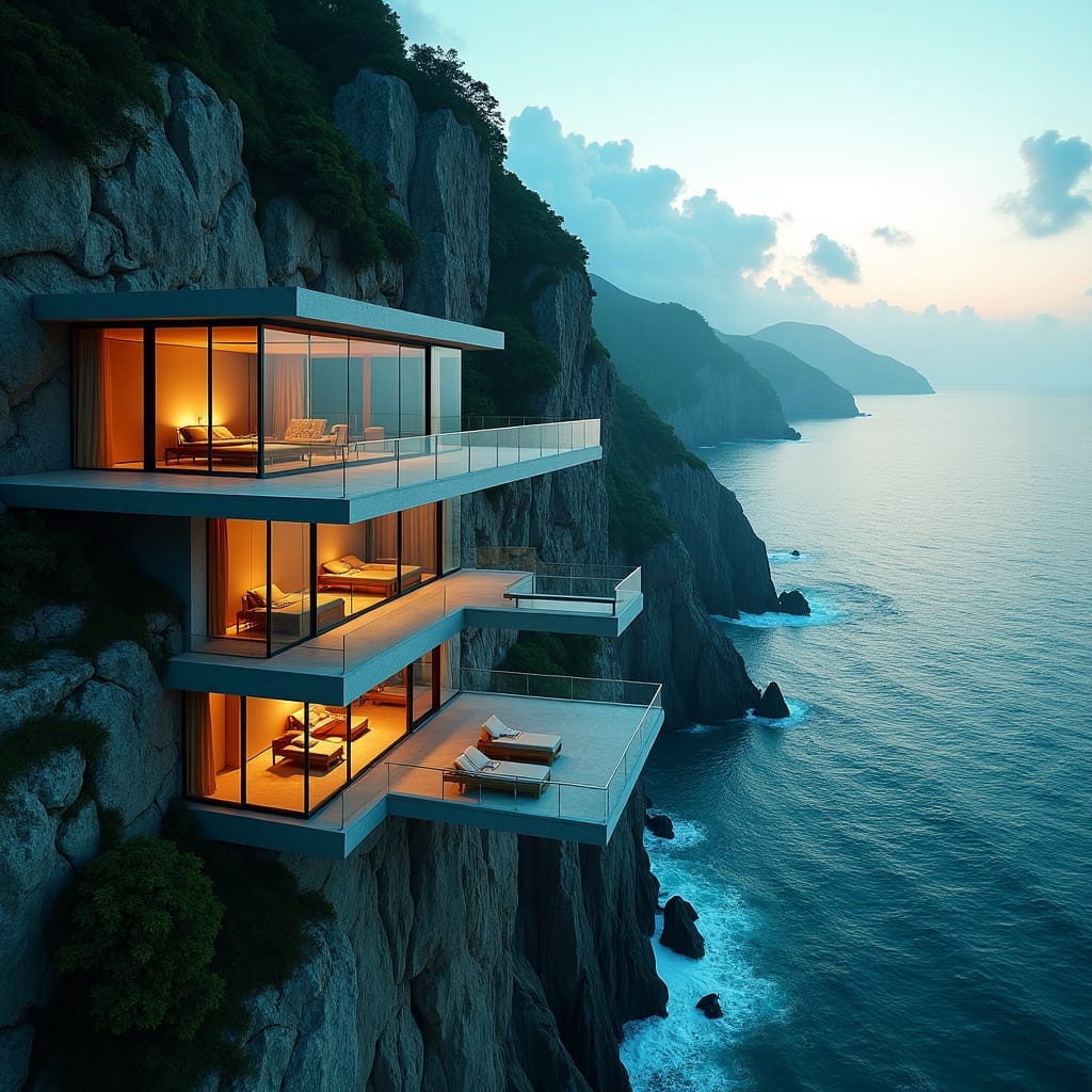 A coastal school built directly into the cliffs of Jamaica’s northern coast, featuring glass-walled rooms that extend over the edge of the cliffs