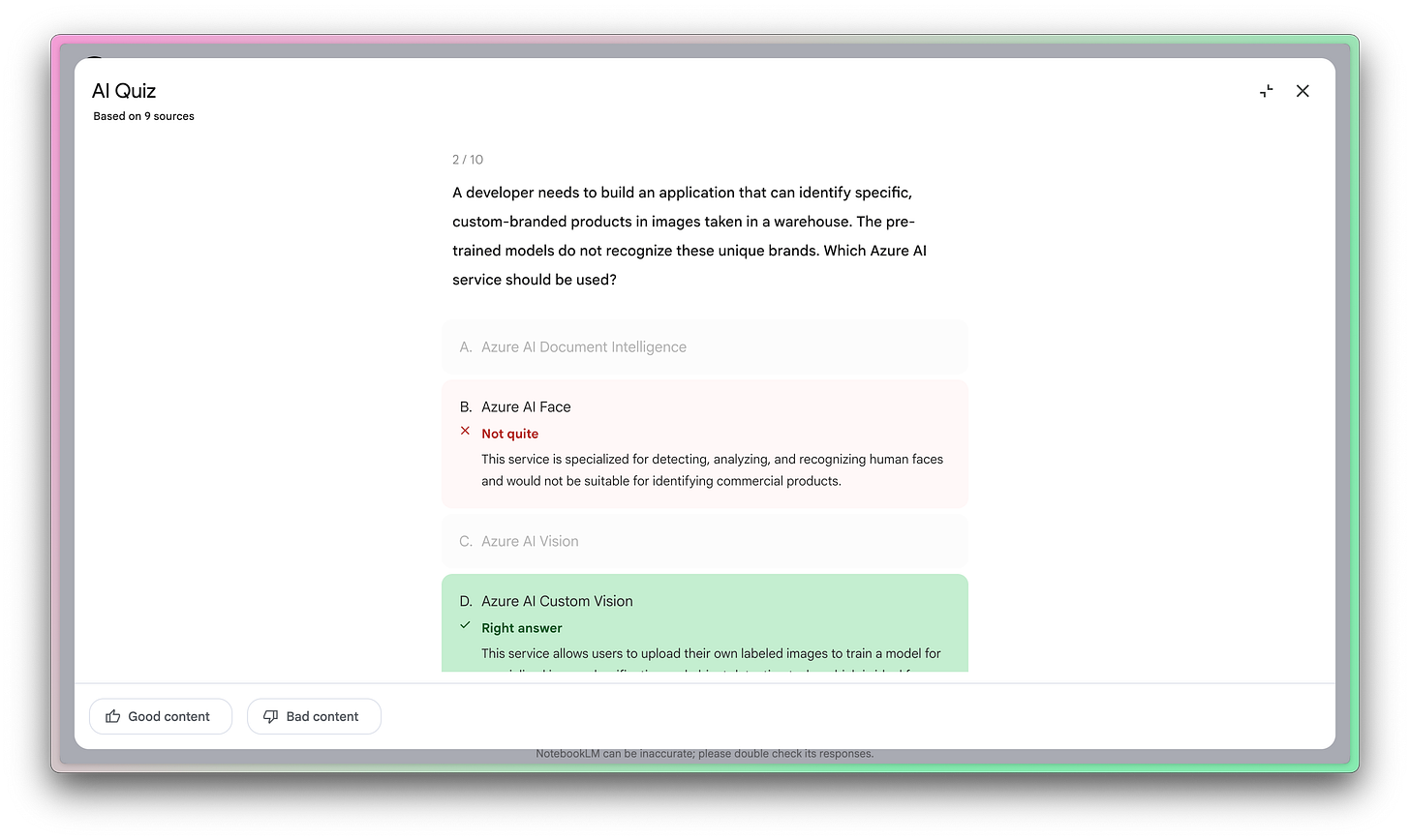 Screenshot showing a NotebookLM quiz, generated from source material