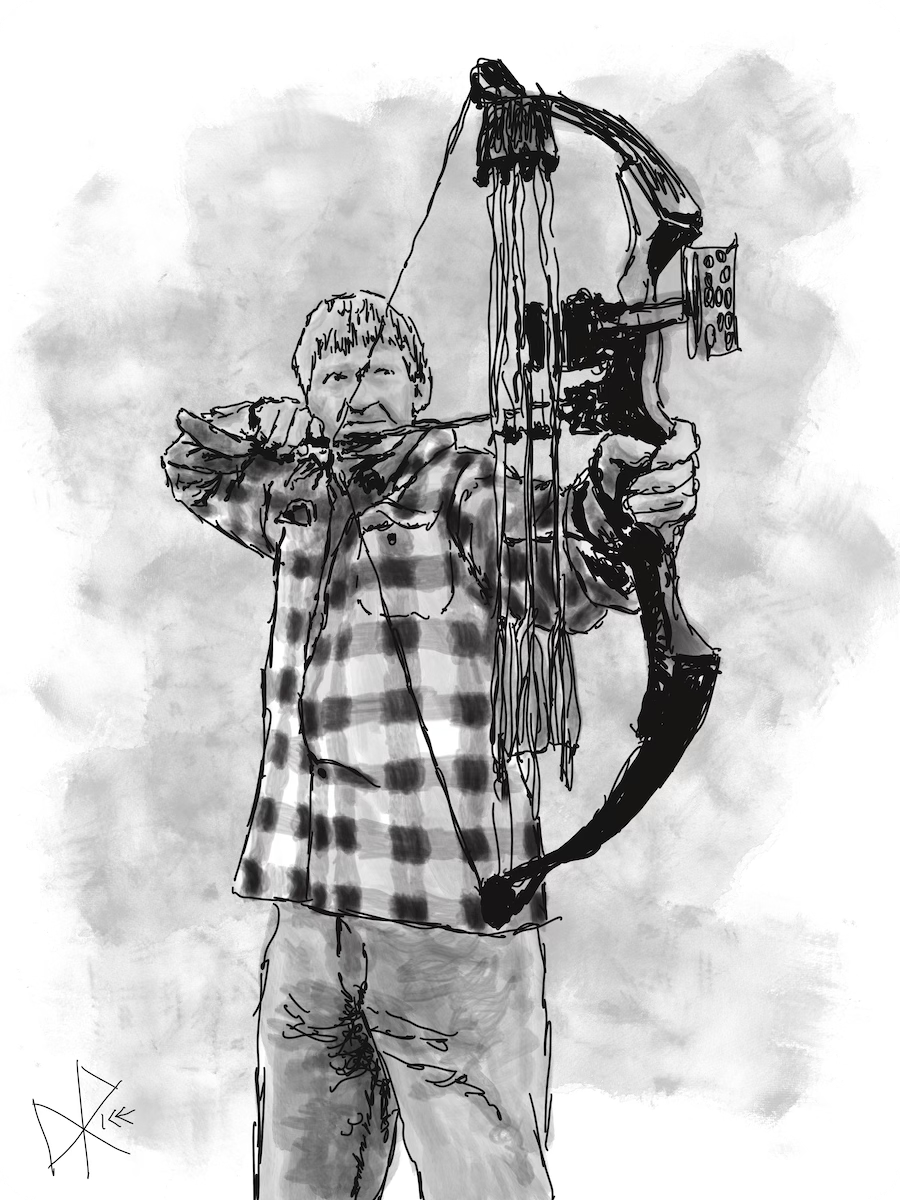 A man with a bow, ready to release an arrow at an archery target. Sketch art by Don Rice.