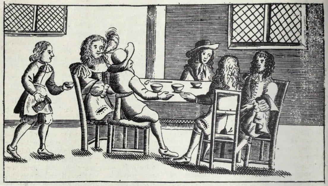 The earliest known image of a coffeehouse dated to 1674, showing the kind of coffeehouse familiar to Samuel Pepys. Reproduced in William Harrison Ukers’ All About Coffee (1922) — Source.