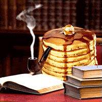 a gif of a stack of pancakes smoking a pipe beside a stack of books, with a photo of Teeter standing on a stack of books