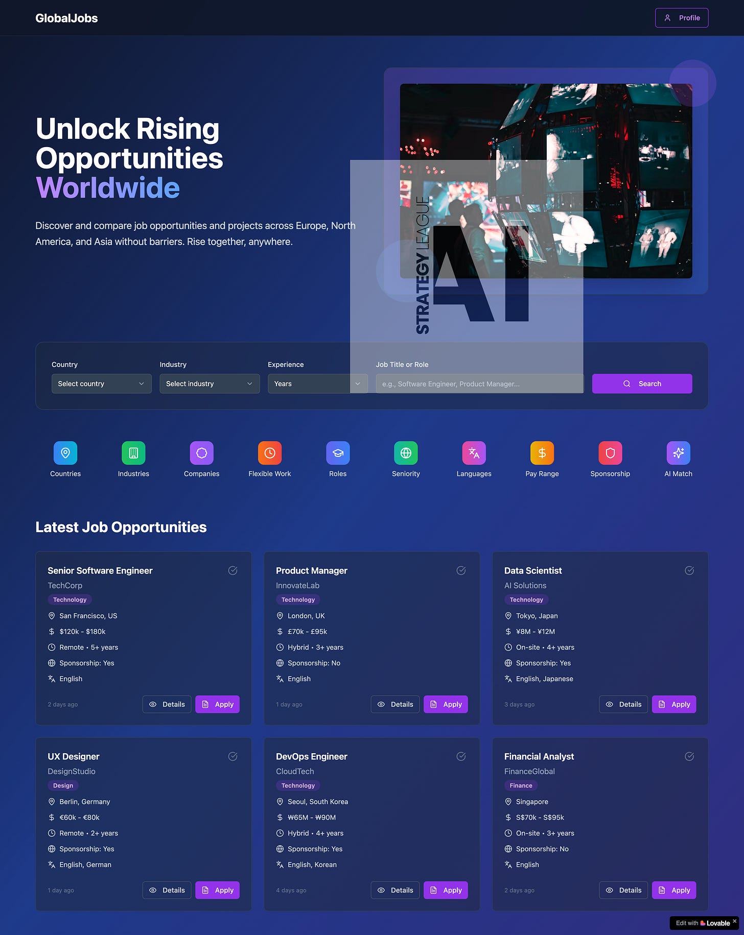 build with Lovable global job search and comparison app, AI Strategy League