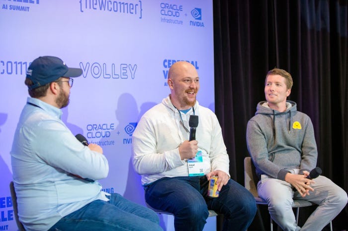 Eric Newcomer (left), with Amjad Masad, CEO of Replit (center), and Clem Delangue, CEO of Hugging Face (right)