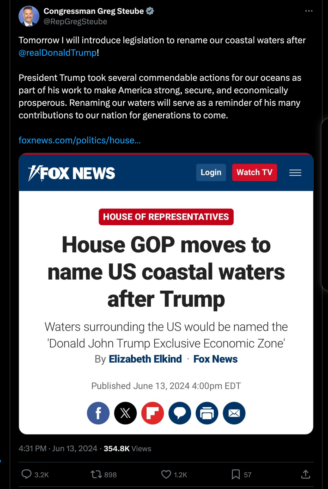 Tomorrow I will introduce legislation to rename our coastal waters after @realDonaldTrump ! President Trump took several commendable actions for our oceans as part of his work to make America strong, secure, and economically prosperous. Renaming our waters will serve as a reminder of his many contributions to our nation for generations to come. Tomorrow I will introduce legislation to rename our coastal waters after @realDonaldTrump ! President Trump took several commendable actions for our oceans as part of his work to make America strong, secure, and economically prosperous. Renaming our waters will serve as a reminder of his many contributions to our nation for generations to come.