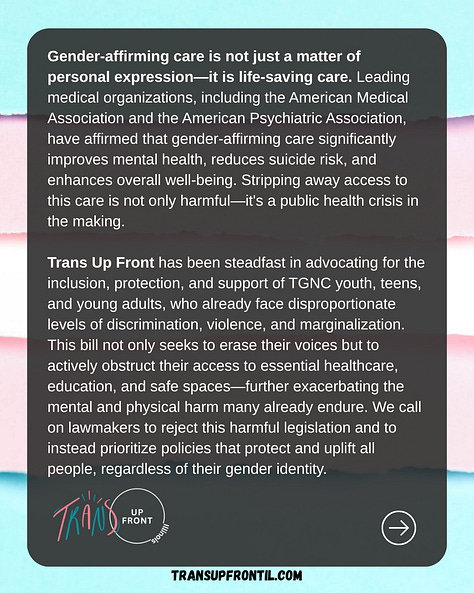 Graphics are all ripped paper trans flag backgrounds with dark grey transparent box and Trans Up Front logo with the text from the post below.