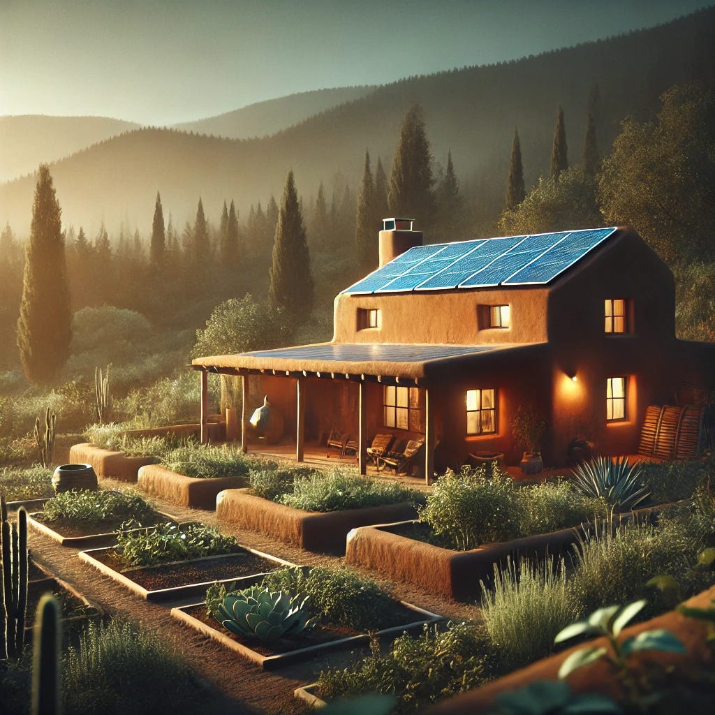 An outside view of a small adobe home nestled in a serene, mountainous setting. The scene is illuminated by soft, dim light, suggesting early evening or dawn. Solar panels are installed on the roof, symbolizing sustainable energy use. The adobe home is surrounded by lush greenery, including a small permaculture garden with plants and seeds visible in the foreground. The atmosphere is tranquil and inviting, with warm earth tones and subtle light reflecting off the solar panels. The setting conveys harmony with nature and sustainable living, while the mountains in the background add a sense of timeless resilience.