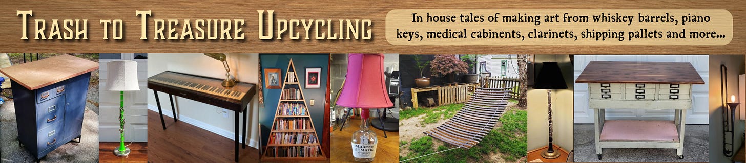 Trash to Treasure Upcycling section banner for the Liminal almanac: collage of handmade projects including industrial cabinet, green clarinet lamp, piano key console, pyramid bookshelf, whiskey bottle lamp, bourbon barrel hammock, black clarinet lamp, upcycled island cabinet, trombone wall sconce; transforming reclaimed materials into art and furniture