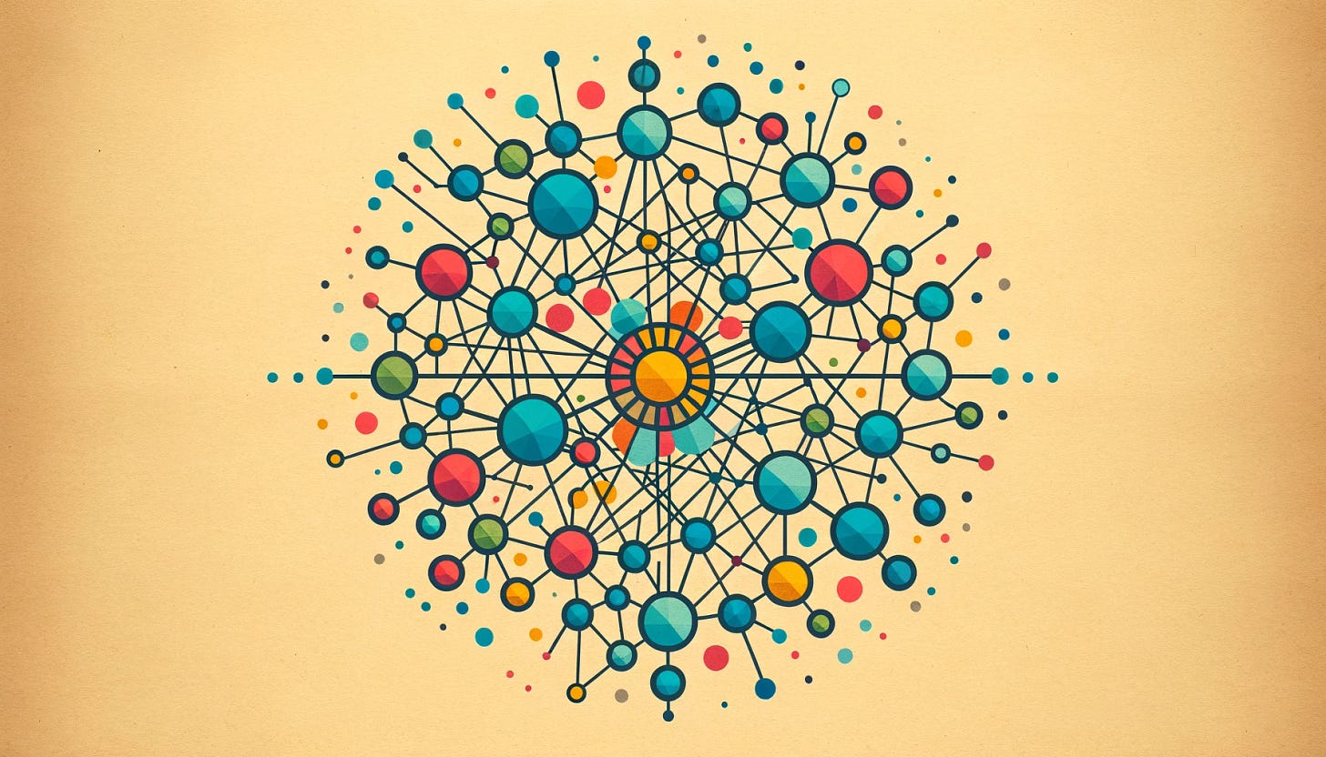 A visual metaphor of a vibrant, interconnected web of nodes and edges, representing the enterprise holograph as a unifying force that brings together diverse pieces of information.