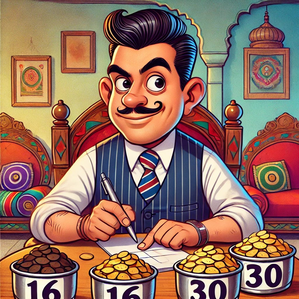 A cartoon-style illustration of a mid-forties Indian man with a clean-shaven face, a well-groomed appearance, and a good head of hair, seated at a table humorously ranking chips from 16 to 30. He is holding a chip in one hand and a pen in the other, jotting down notes on a paper. The setting is a vibrant and colorful living room with traditional Indian decor in a cartoon art style. Various chip bags and bowls are spread around the table, with large visible numbers marking their rankings. The mood is fun and lighthearted, with playful cartoonish expressions.
