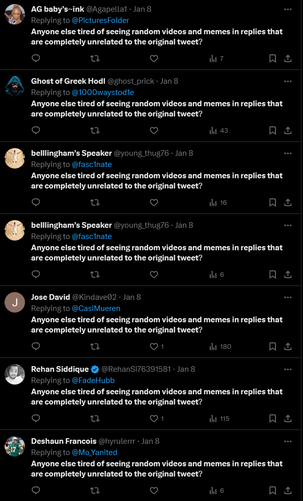 Screenshots of Twitter users repeatedly saying "Anyone else tired of seeing random videos and memes in replies that are completed unrelated to the original tweet?"