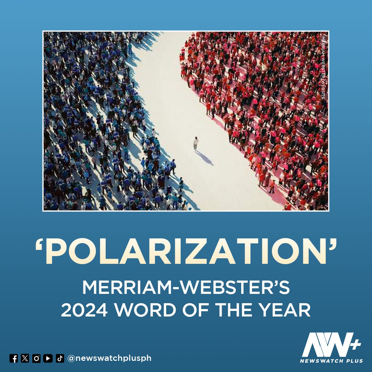 A blue crowd and a red crowd divided by a large divide with a single person walking down it. Image from NewsWatch Plus