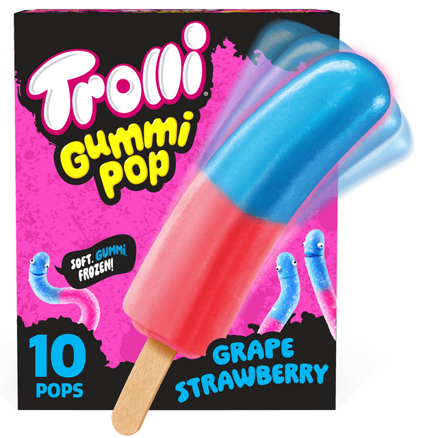 Trolli Frozen Gummi Ice Pops Chewy Sour Gummy Candy Frozen Dessert Snacks, Grape Strawberry, 10 Count Trolli Frozen Gummi Ice Pops Chewy Sour Gummy Candy Frozen Dessert Snacks, Grape Strawberry, 10 Count
