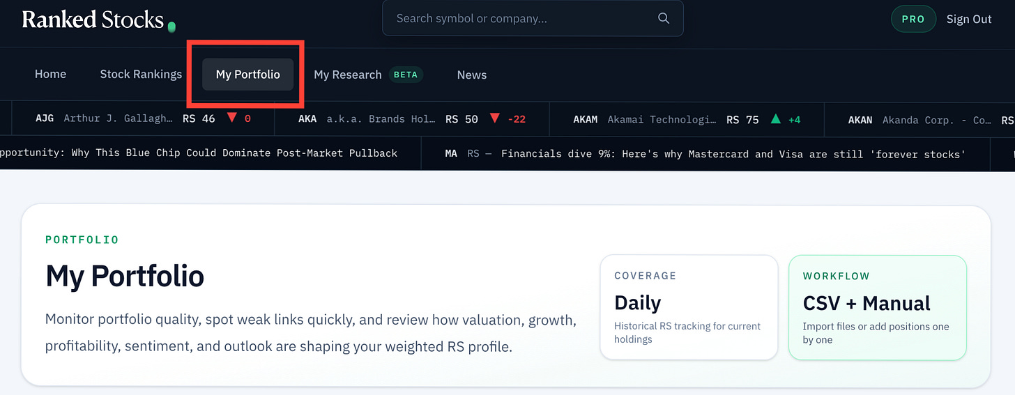 RankedStocks.com dashboard showing the “My Portfolio” tab where investors can upload holdings and rank their stock portfolio. RankedStocks.com dashboard showing the “My Portfolio” tab where investors can upload holdings and rank their stock portfolio.
