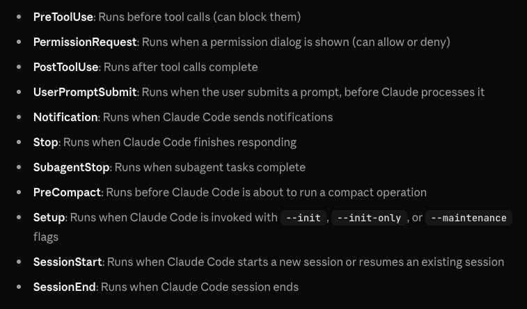 A list of all the hooks available in claude code