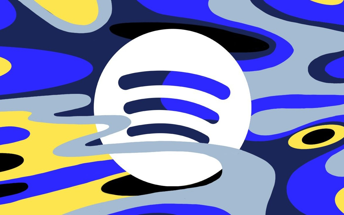 Imagen original de Spotify, con el logo del servicio al centro de la psicodelia. 