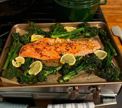Savory sun-dried tomato & salmon power bowl, crunchy chili sheet pan salmon & broccolini, Dill salmon with patatas bravas