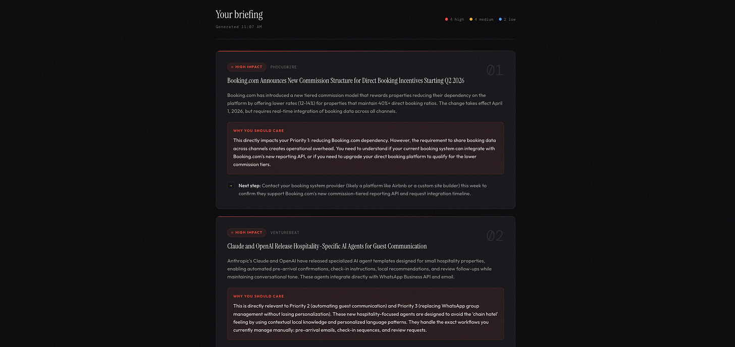Claude Code's AI briefing output with a dark theme showing 10 items (4 high, 4 medium, 2 low). First high-impact item reports Booking.com announcing a new tiered commission structure for Q2 2026 that rewards properties with 40%+ direct booking ratios with lower 12-14% rates, with a why-you-should-care section connecting it to the user's Booking.com dependency priority and a next step to contact their booking provider about API integration. Second item covers Claude and OpenAI releasing hospitality-specific AI agents for guest communication that integrate with WhatsApp Business API, linking it to the user's priorities of automating guest messaging and replacing their WhatsApp group without losing the personal feel.