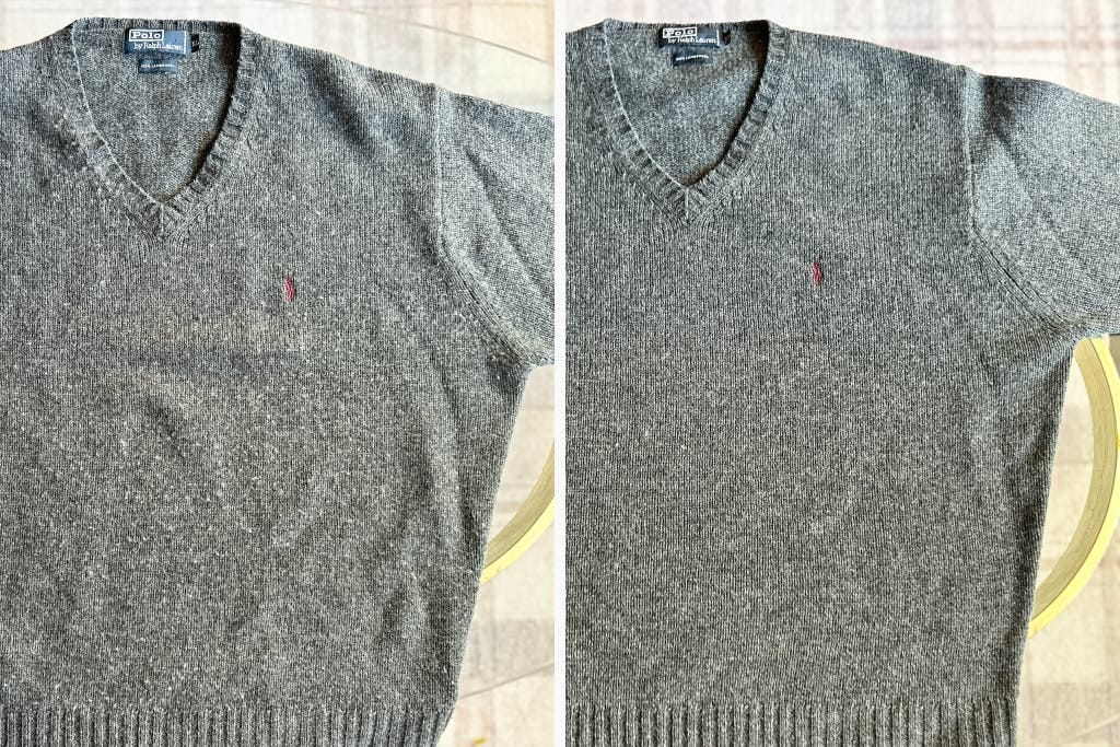 Two photos of a gray cashmere sweater that show the sweater before and after it was shaved with a fabric shaver.