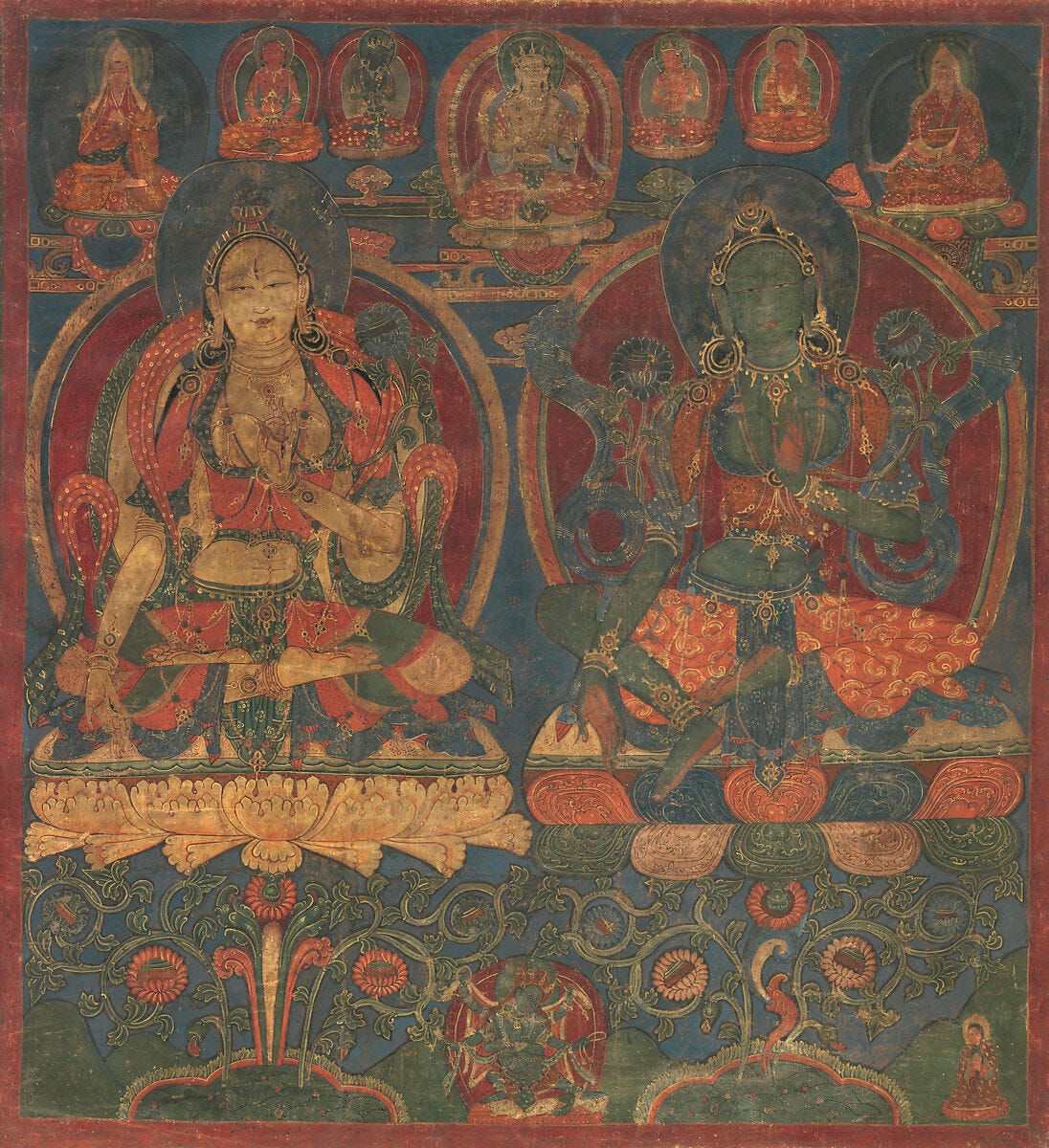 White Tara and Green Tara, Distemper on cloth, Western Tibet (Guge) White Tara and Green Tara, Distemper on cloth, Western Tibet (Guge)