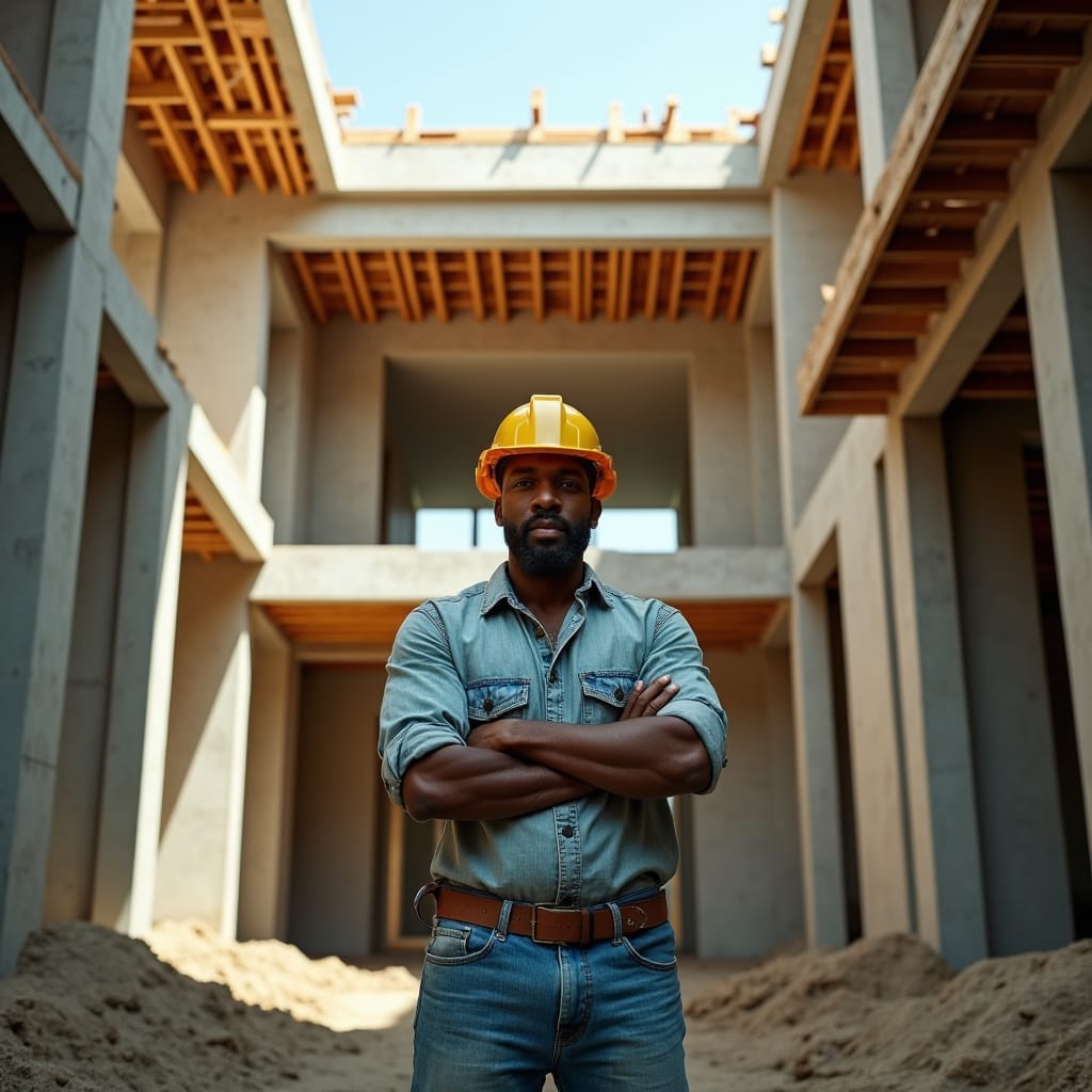 Jamaican man in a vibrant yellow hard hat and worn denim jeans, shirt sleeves rolled up, stands proudly amidst the partially constructed modern home's basement level, surrounded by exposed concrete, steel beams, and wooden scaffolding, as the half-completed structure rises above him, bathed in a warm, golden light.