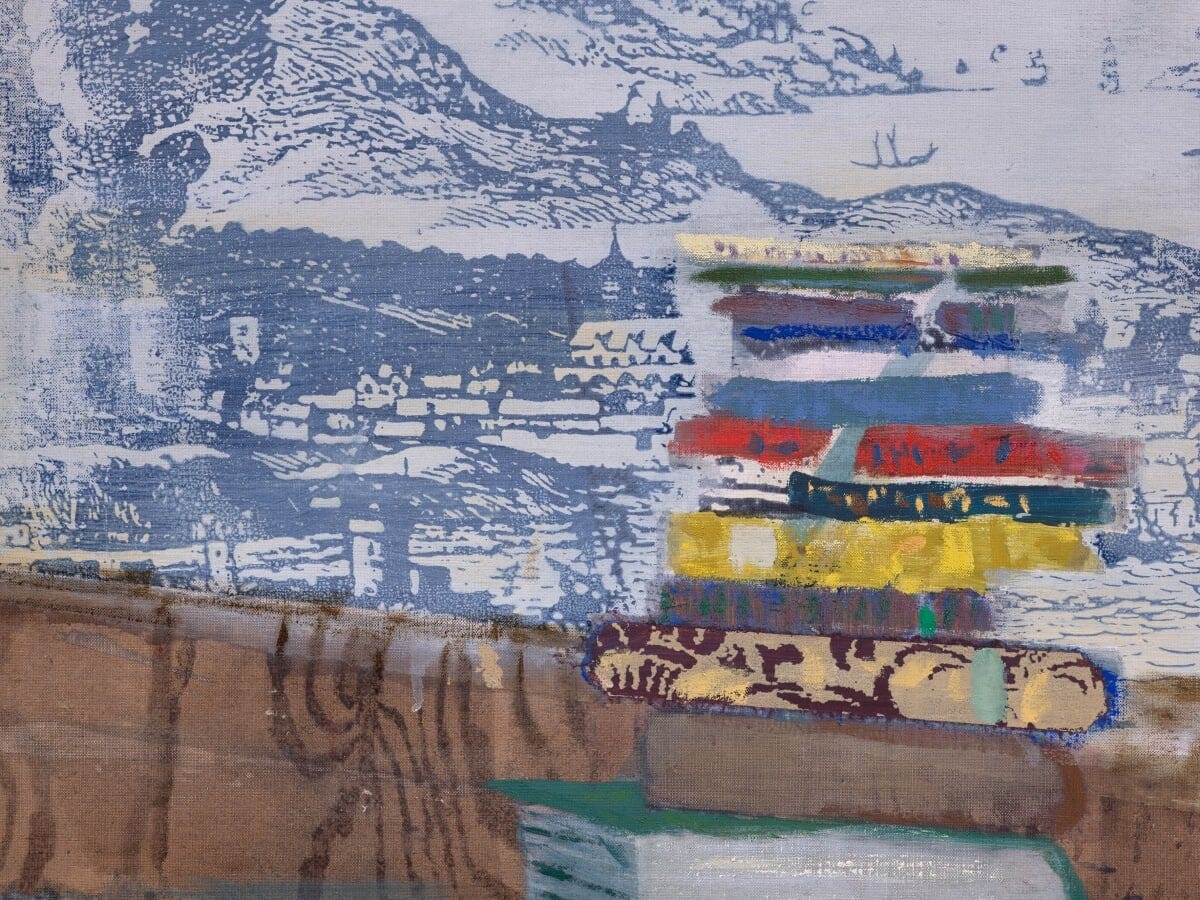 Nick Goss Smickel Inn (detail), 2023 Distemper, oil and silk screen on linen 210 x 140 cm 82 5/8 x 55 1/8 in (canvas).  Photograph  courtesy of Josh Lilley and Ingleby Gallery.