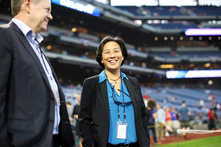 Kim Ng smiles before the Marlins' playoff game against the Phillies on Oct. 3. (Photo by Rob Tringali/MLB Photos via Getty Images)
