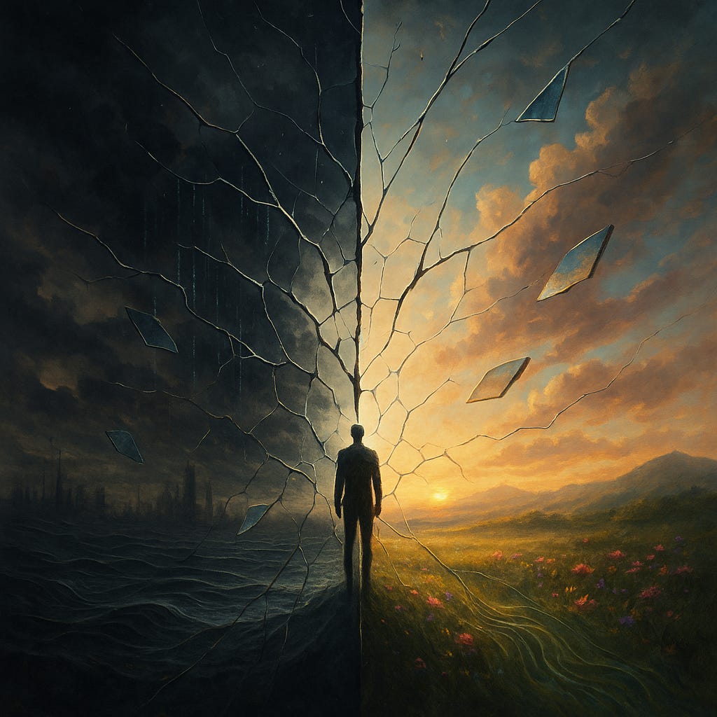 A lone figure stands at the threshold between two worlds—one dark and decaying, the other bright and blooming. The scene is split by a fracturing mirror that catches the light, symbolising the delicate boundary where perception shapes reality and self meets other.
