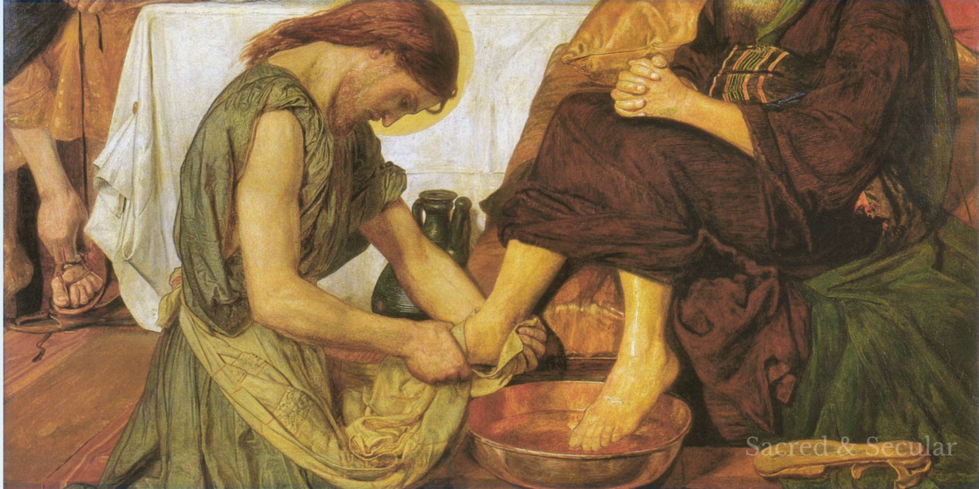 Ford Madox Brown’s painting of Jesus kneeling to wash Peter’s feet while the other disciples watch closely. Peter appears hesitant as Jesus takes the humble role of a servant, illustrating Jesus’ radical redefinition of greatness, authority and power. Ford Madox Brown’s painting of Jesus kneeling to wash Peter’s feet while the other disciples watch closely. Peter appears hesitant as Jesus takes the humble role of a servant, illustrating Jesus’ radical redefinition of greatness, authority and power.