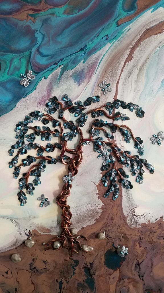 Copper trunk tree twisting up with turquoise teardrop shaped leaves. Blue dragonflies fly around. Background of brown, white, turquoise in top left corner. Original artwork by Anna Loscotoff.