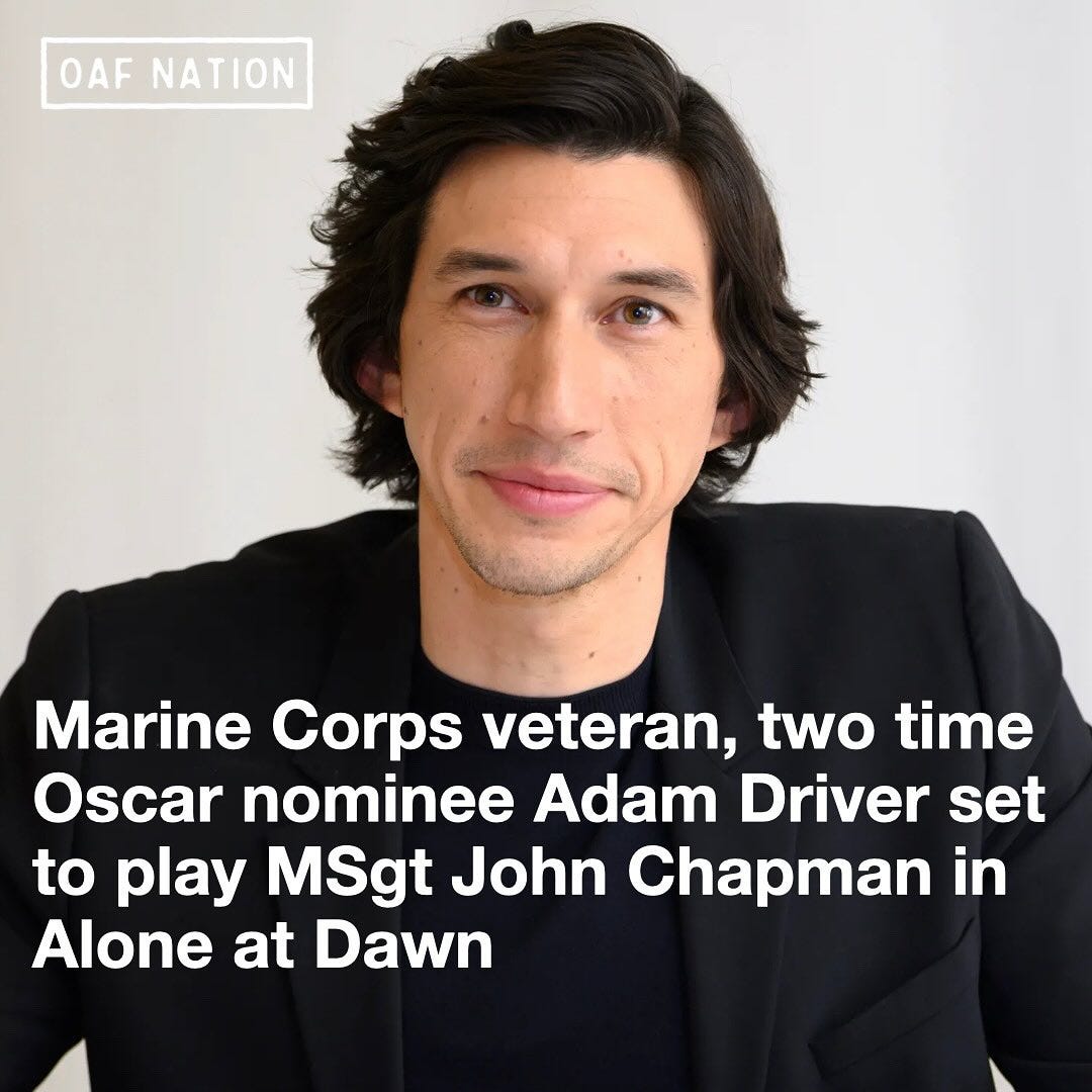 A well-lit portrait of a dark-haired man in a black blazer against a plain light background. The top-left shows the OAF NATION logo. Large white caption text states that a Marine Corps veteran and two-time Oscar nominee is set to play MSgt John Chapman in “Alone at Dawn.”