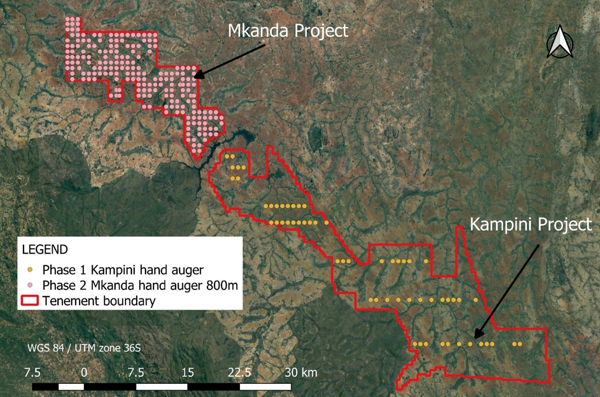 Map showing Mkanda and Kampini Projects in Malawi with hand auger sampling points, tenement boundaries, and labelled project areas.
