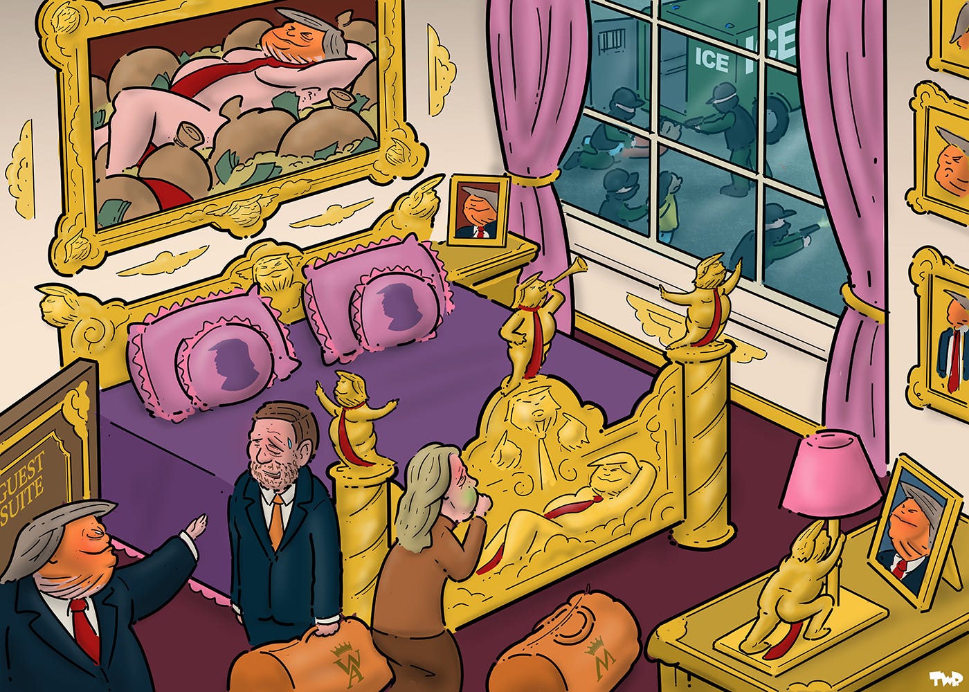 Cartoon showing Dutch king Willem Alexander and queen Maxima entering a guest suite of the White House as Donald Trump is holding the door open. The room has a golden bed with many, many decorations, featuring many portraits of Donald Trump. At the foot of the bed are three statuettes of Trump naked, his private parts covered up by a red tie. Above the bed is a giant portrait of a naked Trump, lounging amidst piles of money. Willem Alexander is looking very uncomfortable and Maxima is looking very nauseous. Through the window, we see an ICE raid.