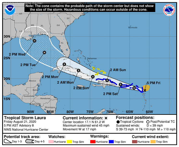 The cone of uncertainty for Hurricane Laura on August 21, 2020 The cone of uncertainty for Hurricane Laura on August 21, 2020