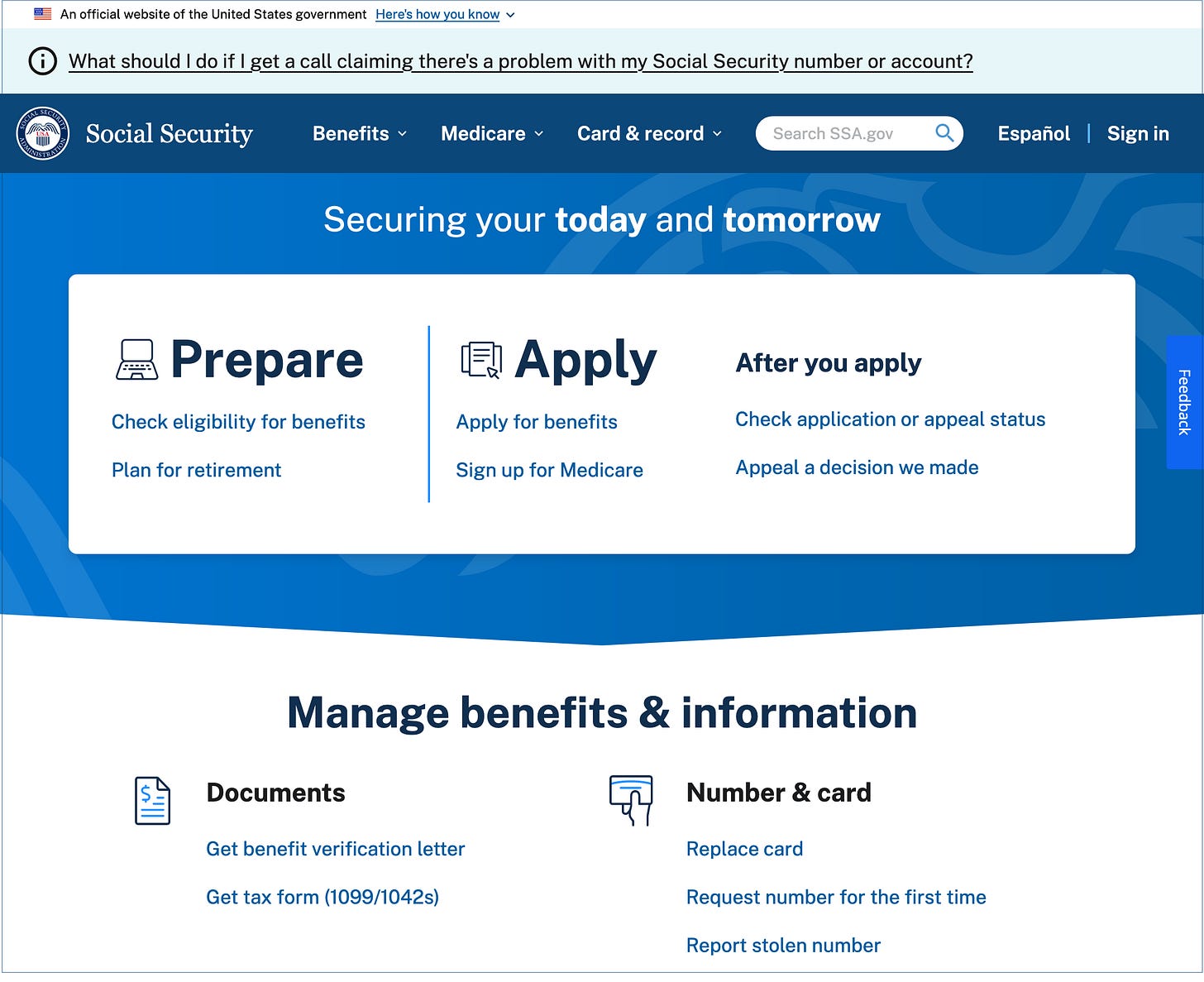 Screenshot of homepage of the SSA website
