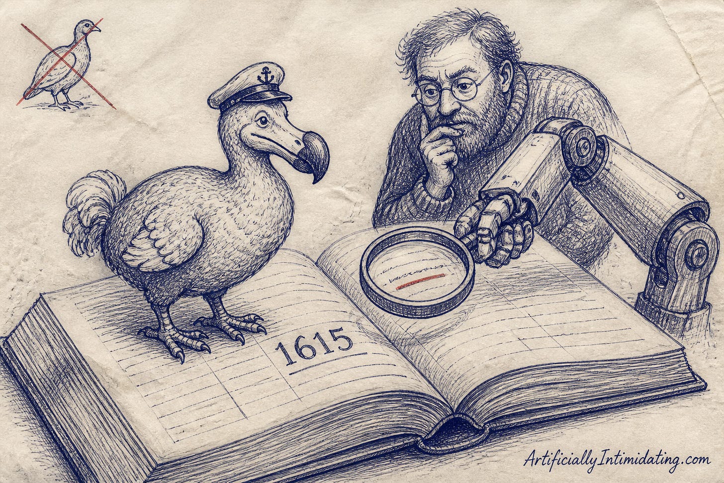 A dodo in a captain’s hat stands on an open 1615 ship’s logbook while a robotic arm holds a magnifying glass over one line and a bearded historian looks on. A dodo in a captain’s hat stands on an open 1615 ship’s logbook while a robotic arm holds a magnifying glass over one line and a bearded historian looks on.