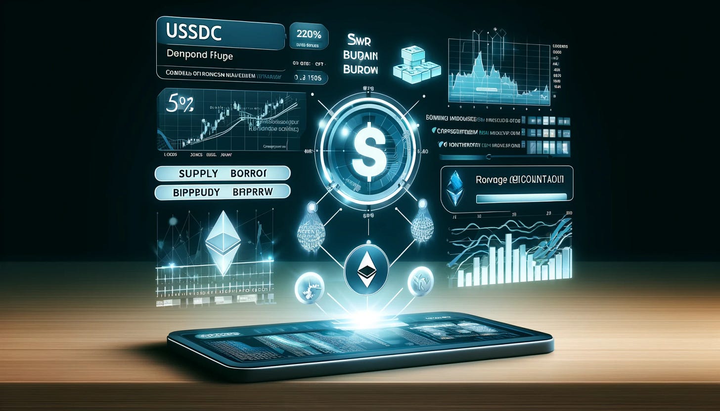 An enhanced image representing the Compound Finance platform, specifically highlighting the USDC market on the Ethereum mainnet. The image should feature a detailed and sleek user interface showcasing supply and borrow rates, user participation metrics, and overall market health indicators. Include the Compound Finance logo prominently and add elements of decentralized finance such as cryptocurrency symbols, blockchain motifs, and smart contract visuals. The background should evoke a modern, cutting-edge financial environment with a professional and informative feel.