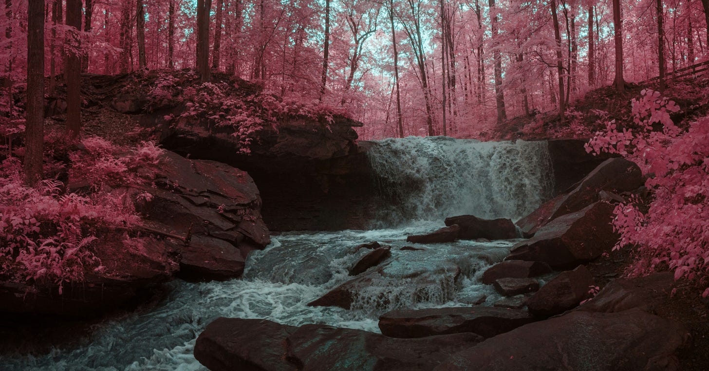 A small waterfall cascading over rocks in a forest with surreal, pink-tinted foliage, creating a dreamy, otherworldly atmosphere.