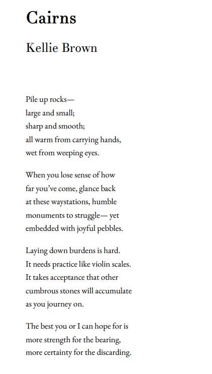 poem about cairns as landmarks of grief, trauma, and healing journeys