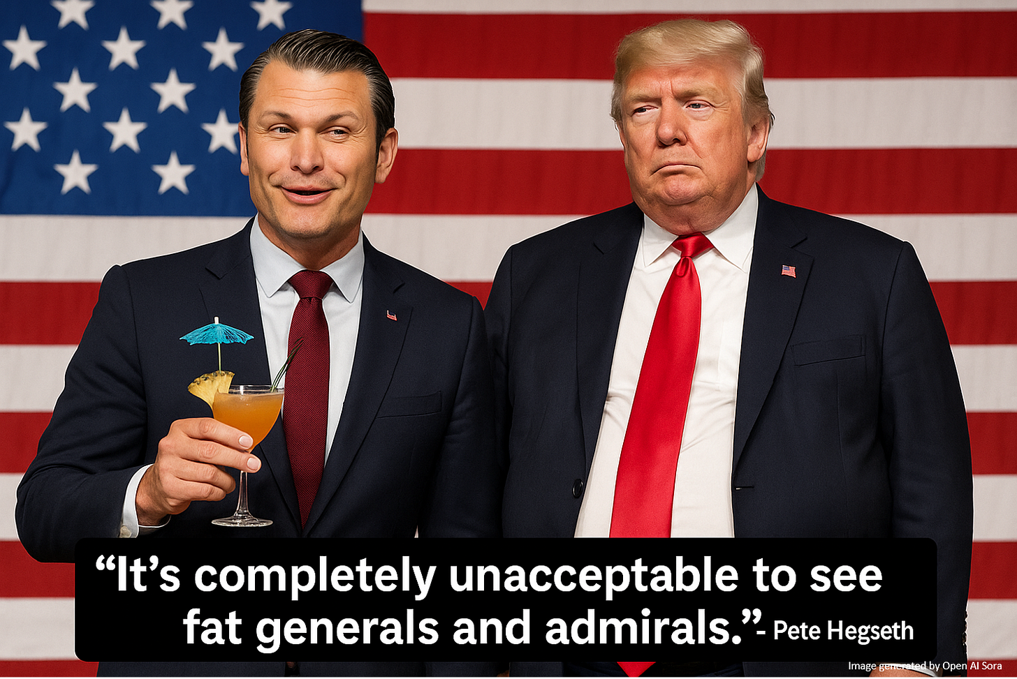 Picture of Secretary of Defense Pete Hegseth, umbrella drink in hand, standing in front of a giant American flag and saying, "It's completely unacceptable to see fat general and admirals." Standing next to him is an overweight Donald Trump.