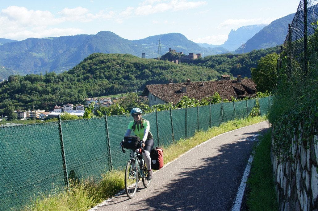 Chelsea pedals her way up a climb toward Austria. Chelsea pedals her way up a climb toward Austria.