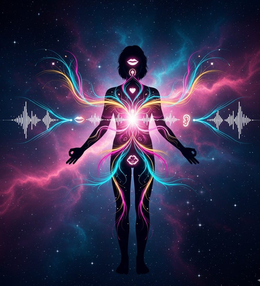 A central gender-neutral silhouette stands against a vibrant cosmic backdrop filled with pink, purple, and blue nebulae and distant stars. Glowing lines of energy in shades of pink, yellow, and blue emanate from various points on the silhouette's body, particularly from the heart, throat, and lower abdomen, weaving intricate patterns within and around the figure. From the silhouette's mouth, subtle light lips are visible. On either side, flowing outward from the figure's ears, are sound wave patterns composed of glowing light. A small, glowing heart icon is visible at the center of the chest. The overall impression is one of harmonious energy flow, deep intuitive communication, and authentic expression, emphasizing both speaking and listening with awareness.