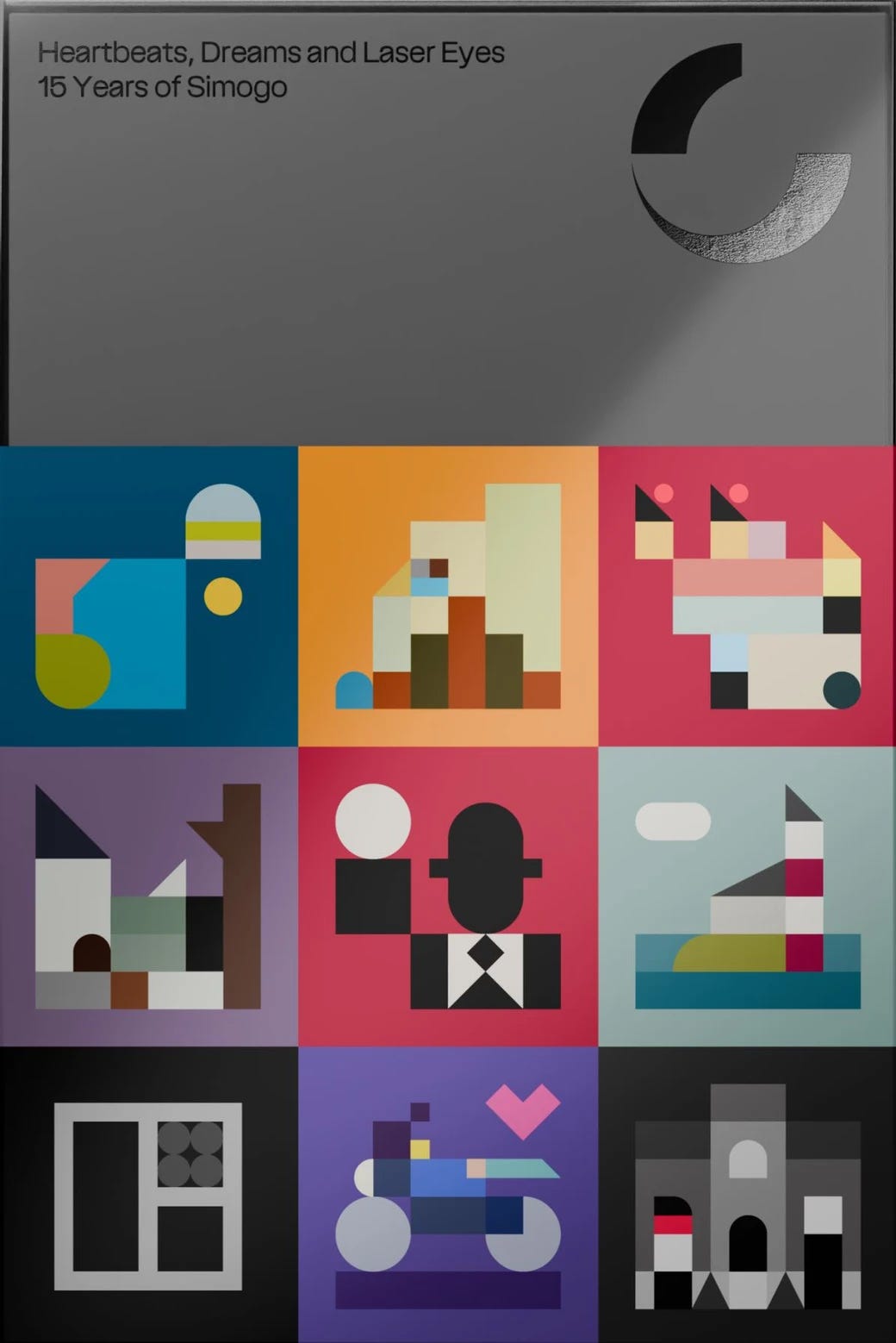Cover of Heartbeats, Dreams and Laser Eyes: 15 Years of Simogo featuring a sleek gray top half with minimalist black text and a semi-circular abstract logo. The bottom half displays a vibrant 3x3 grid of abstract geometric illustrations in various bold colors, each likely referencing Simogo's distinct games and visual style. The design blends modernism with playful surrealism, representing the studio's creative journey.