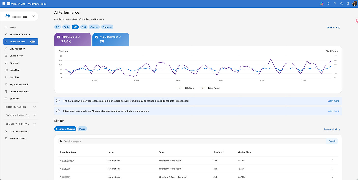 Bing Webmaster Tools的AI Performance Beta 的頁面截圖 Bing Webmaster Tools的AI Performance Beta 的頁面截圖