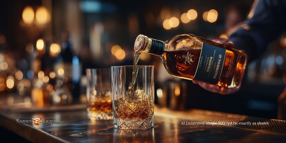 Modern bartender pours bourbon from a Bottled-in-Bond bottle.