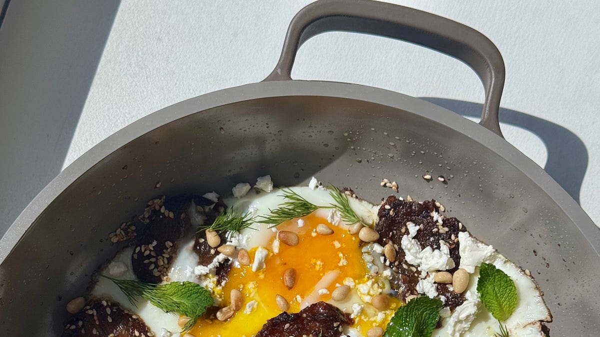 fried eggs + dates + pine nuts - by Brittany Arnett