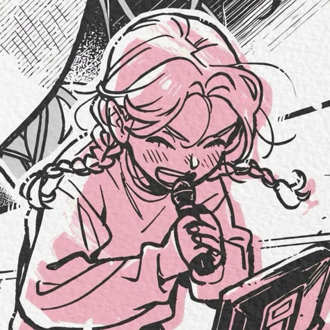 This may contain: a drawing of a woman sitting at a table with an umbrella over her head and holding a cell phone to her ear